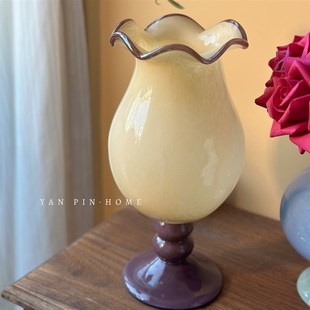 高级感高脚铃兰花瓶法式复古装饰插花摆件客厅桌面琉璃中古花器