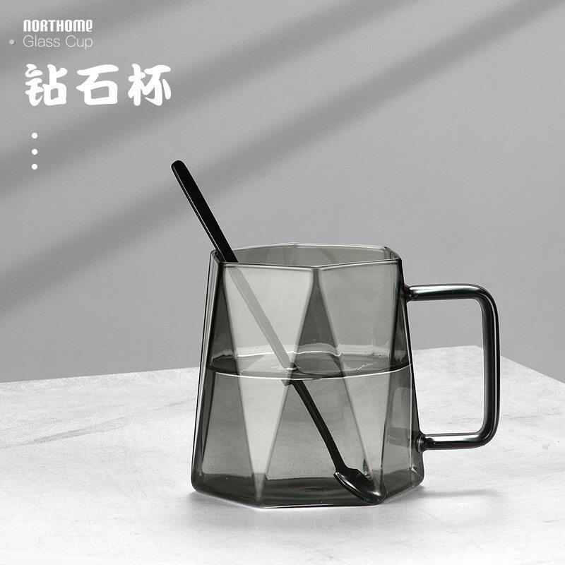 黑钻石玻璃杯马克杯咖啡杯子带勺把手耐高温轻奢玻璃办公室水杯