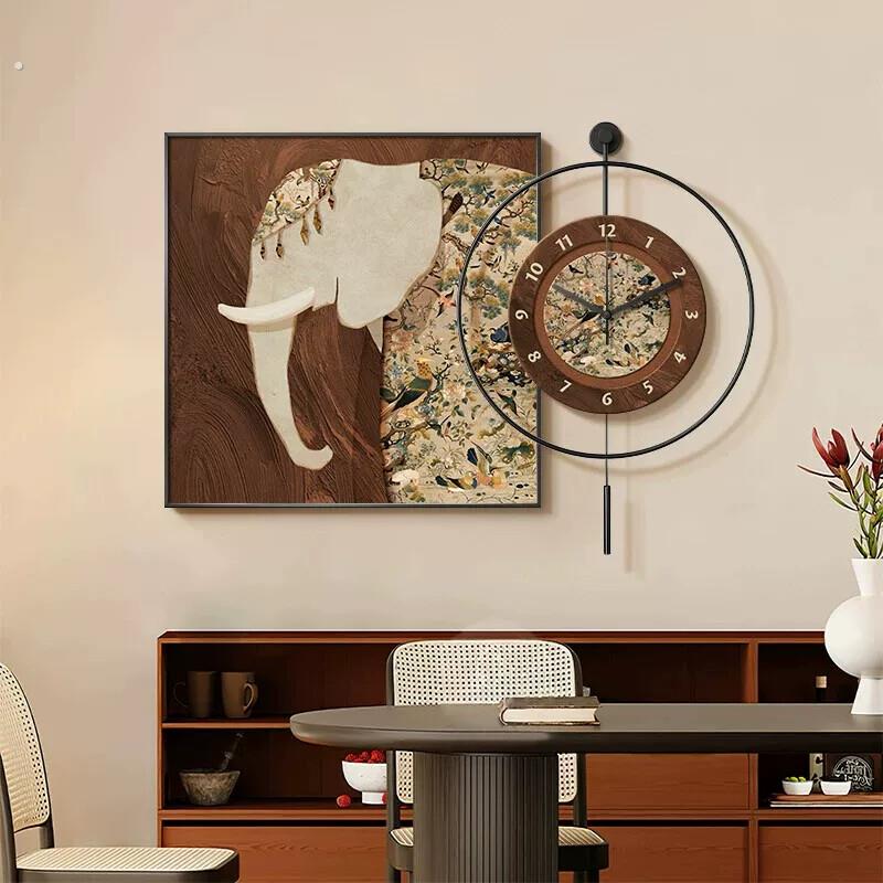 中古风大象饭厅装饰画复古动物高级感餐桌背景墙挂画挂钟饭厅壁画