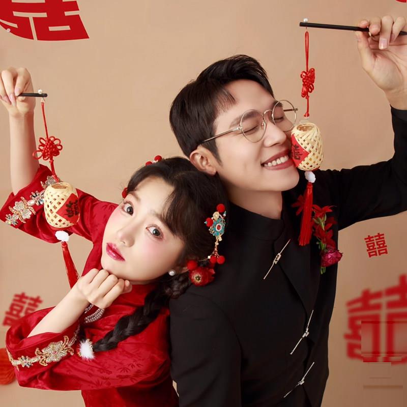 新中式喜嫁婚纱摄影拍照道具手提杆竹编喜字灯笼中国结流苏小灯笼