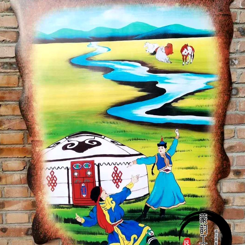 民族工艺品皮画成吉思汗不规则画轴蒙古包客厅餐厅装饰画精品挂画图片