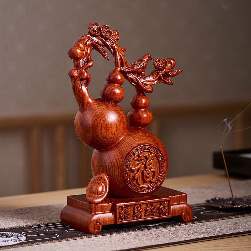 木雕五福临门摆件实木根雕喜鹊登梅葫芦家居客厅酒柜装饰乔迁开业