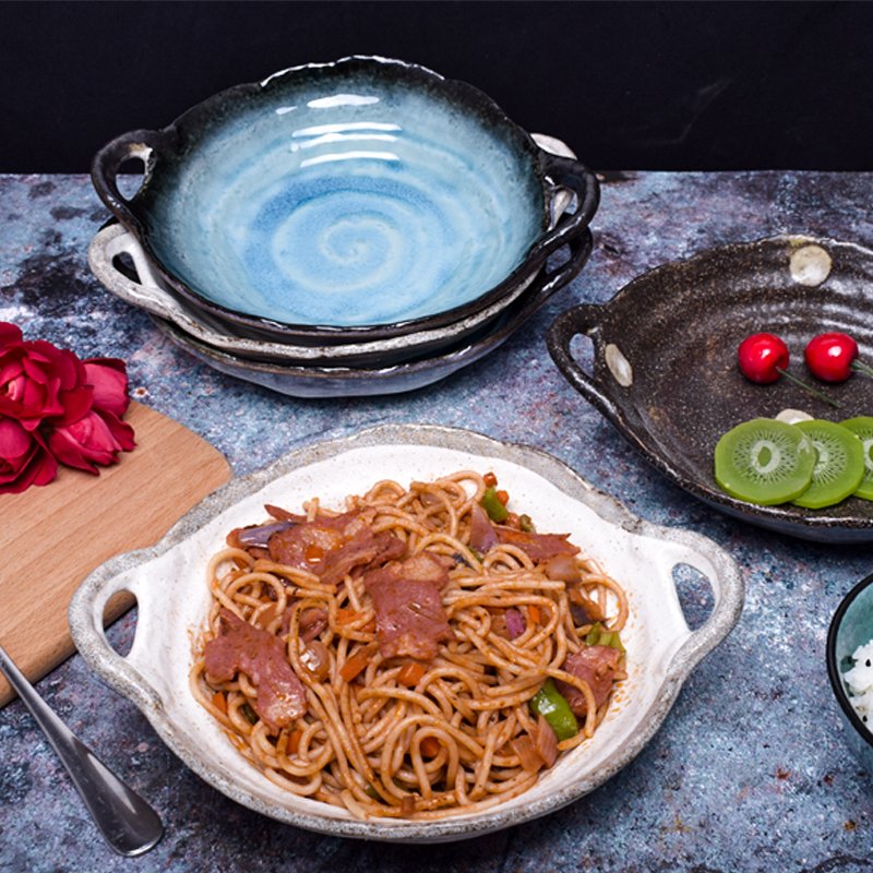 原装拉面碗黄焖鸡米饭盘双耳盘粗陶做旧汤盘咖喱饭盘餐具菜盘