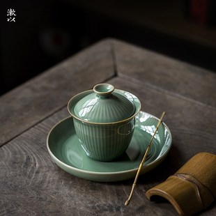 茶盘家用小号陶瓷茶具茶碗 越窑复古青瓷盖碗竖纹条纹流水三才套装