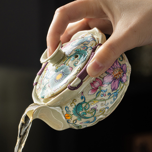 老陶泥凌霄花盖碗茶杯功夫茶具单个高档防烫手抓壶家用泡茶碗带盖