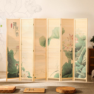 荷花实木竹编屏风折叠移动办公室简约现代茶室隔断客厅玄关遮挡墙