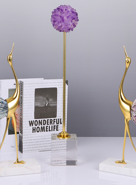 少女心超萌粉紫水晶仙鹤女孩房间客厅卧室酒柜北欧风黄铜家居摆设