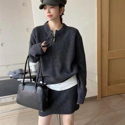 高级感半拉链宽松套头毛衣配半身裙两件套女秋冬新款针织时尚套装