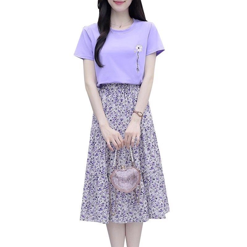 紫色小雏菊短袖t恤连衣裙子两件套装休闲碎花雪纺半身裙夏季女装,女装/女士精品,连衣裙,淘宝优惠券,粉丝福利购,淘宝优惠卷