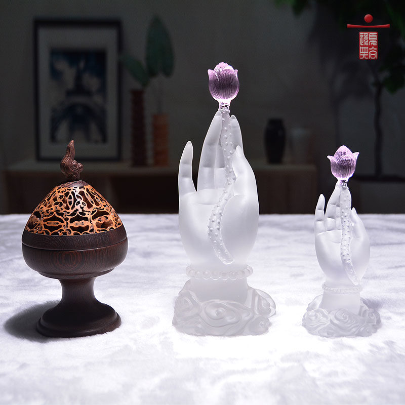 琉璃工艺品佛手莲花一心一意中式办公室玄关茶桌水晶佛系禅意摆件