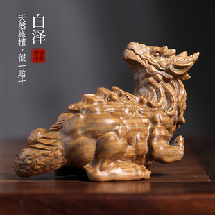 天然绿檀木实木雕刻白泽摆件文玩手把件家居装饰品工艺品