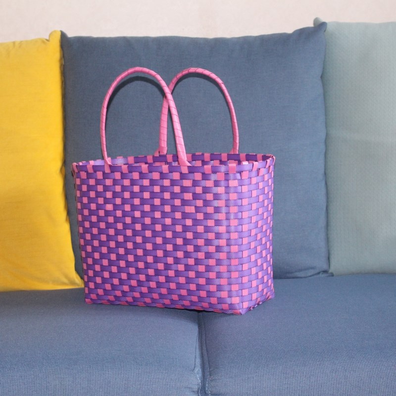 软蓝口 大号大容量手工编织买菜逛街时尚拼色菜篮子包