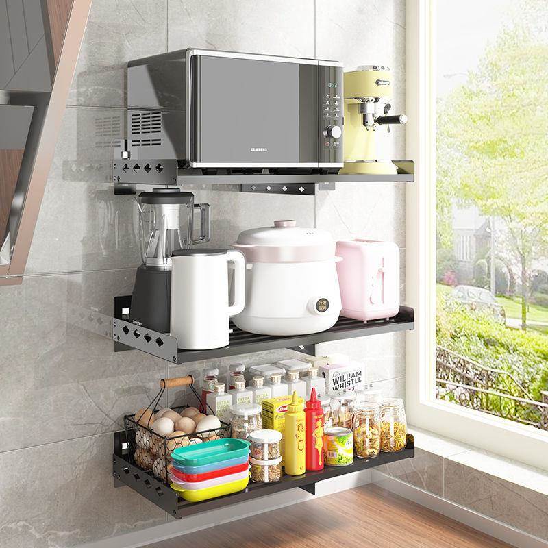 不锈钢免打孔厨房置物架壁挂式微波炉烤箱挂墙上支架子收纳架