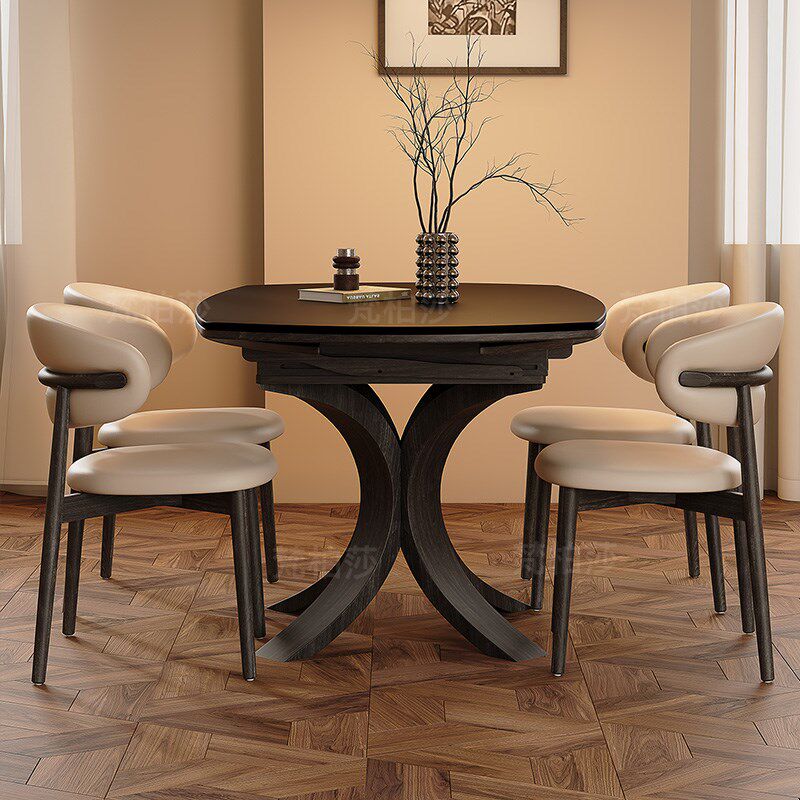 黑色岩板餐桌伸缩现代家用小户型法式复古风圆形实木餐桌椅,住宅家具,实木餐桌,淘宝优惠券,粉丝福利购,淘宝优惠卷