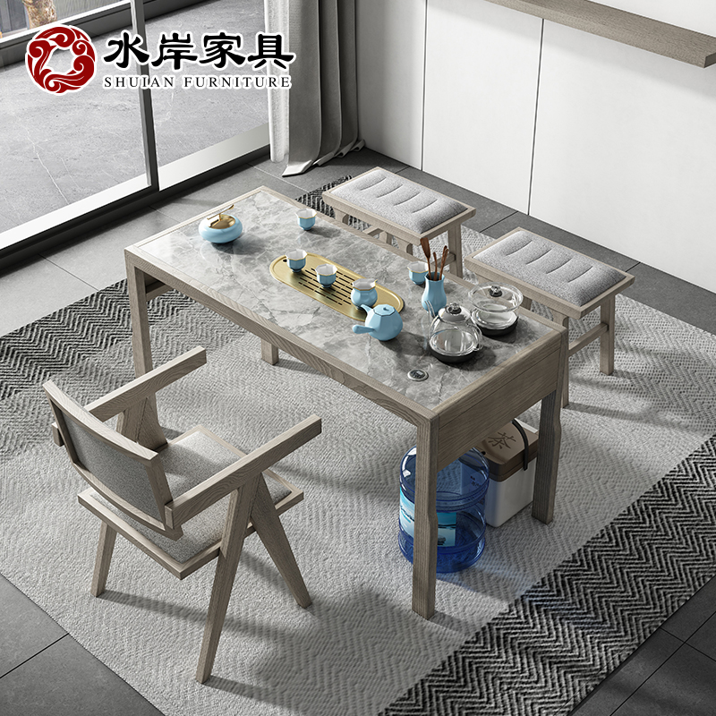 现代简约小户型白蜡木岩板家用茶台阳台茶桌椅组合灰色小户型茶几