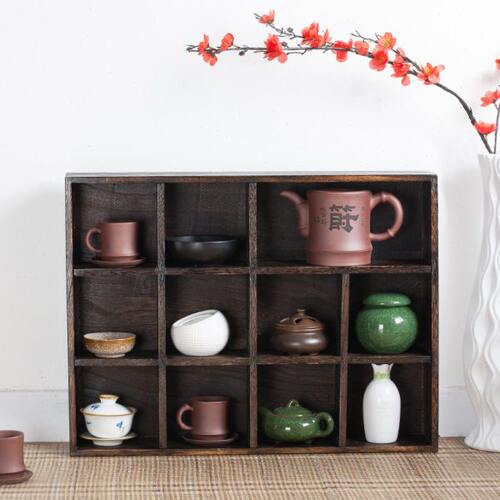 西山茶艺 壁挂实木茶杯架茶具架收纳柜茶壶架小博古架茶宠配件