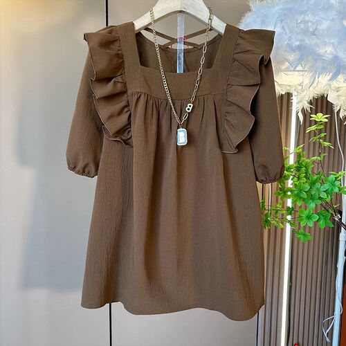 加大码女装方领后背交叉带荷叶肩松紧休闲小衫胖妹妹简约百搭上衣