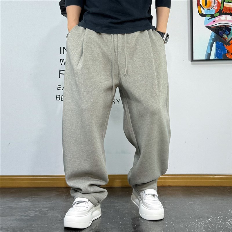 美式休闲宽松抽绳渐变加绒针织卫裤男冬款折痕设计青年加厚直筒裤