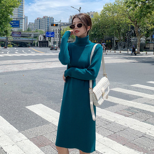 秋冬季高领针织裙连衣裙女加厚内搭打底裙配大衣中长款毛衣裙长裙