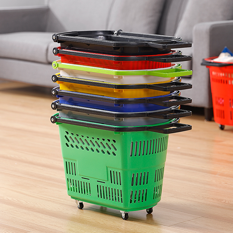 超市拉杆带轮购物车塑料买菜篮子加厚便利店购物篮购物筐家用大号