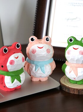 彩色青蛙手工木雕小摆件卡通公仔可爱木质雕刻治愈系书桌装饰品