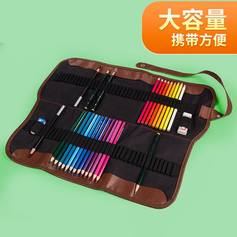 折叠帆布笔帘卷笔袋24/36/48支72孔彩铅素描笔收纳袋大容量美术生