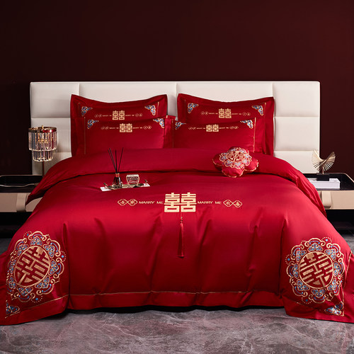 馨荷婚嫁100S长绒棉婚庆四件套红色纯棉被套结婚喜被床单床上用品