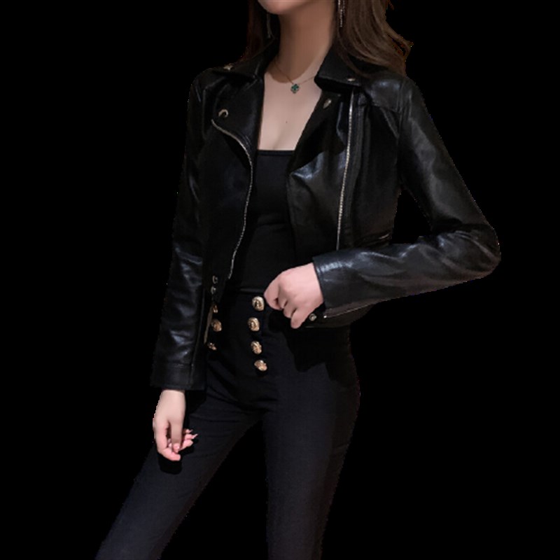 150小个子pu皮外套女春秋155百搭气质西装领短款皮衣机车夹克XS码