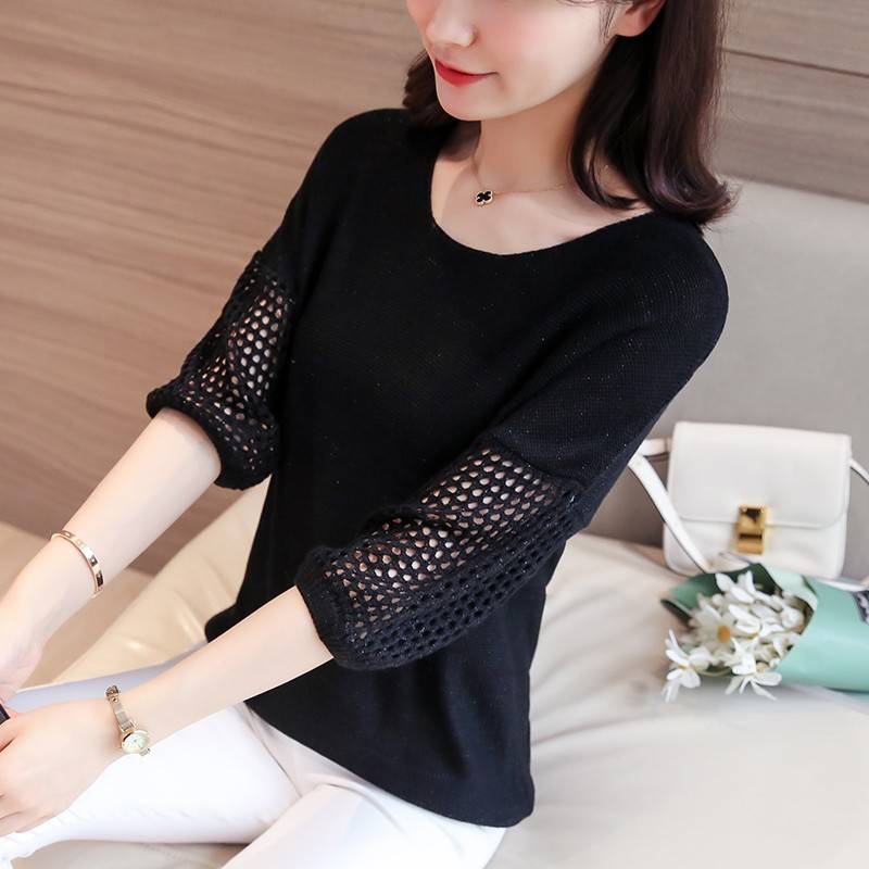 春夏上衣女宽松套头漏锁骨夏女薄镂空新款早秋针织T恤衫女短7分袖