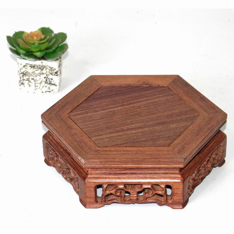 红木雕工艺品底座 鸡翅木六边形花盆景奇玉石头茶壶底座子