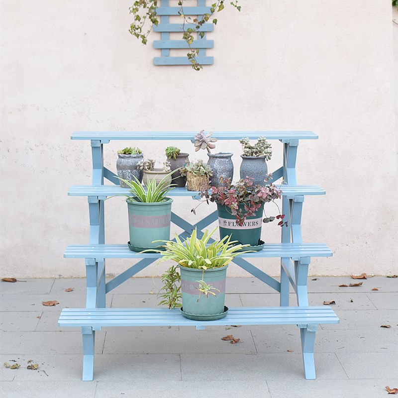 多层阶梯式实木花架复古蓝色四层吊兰防水花盆架加落地式配轮子