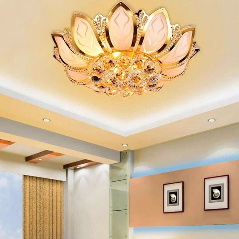 欧式客厅灯大气金色水晶灯圆形LED莲花吸顶灯具主卧室灯餐厅灯饰
