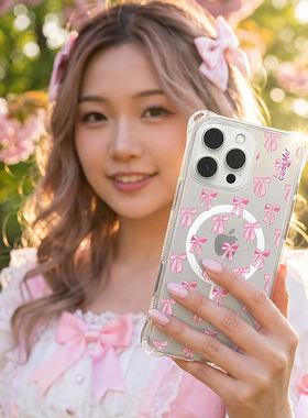 适用iPhone16ProMax手机壳MagSafe磁吸粉色蝴蝶结透明壳苹果15小众高级感ins风女