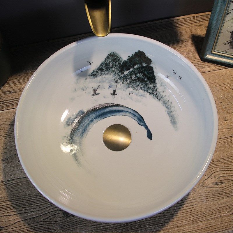 复古台上盆手绘荷陶瓷洗手盆新仿古艺术洗脸单盆洗漱盆家用,商业/办公家具,商用休息区家具,淘宝优惠券,粉丝福利购,淘宝优惠卷