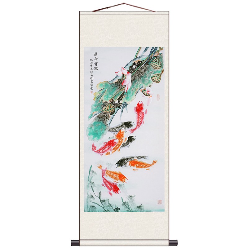 莲花九鱼图荷花图丝绸卷轴画国画年年有余月月有余丝绸礼品