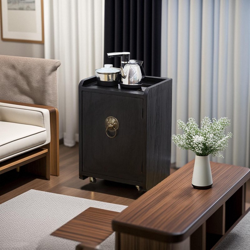 全实木餐边柜茶水台小茶车老榆木茶边柜烧水一体茶水柜侘寂风