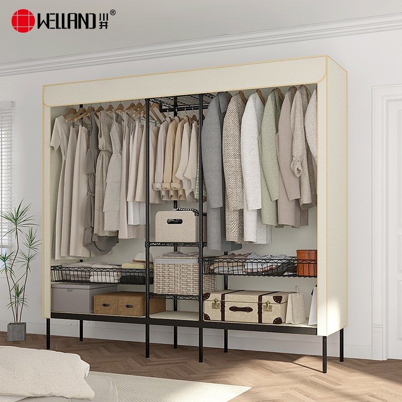 川井衣柜简易出租房用简易布衣柜全钢架窗帘式防尘衣橱落地挂衣架