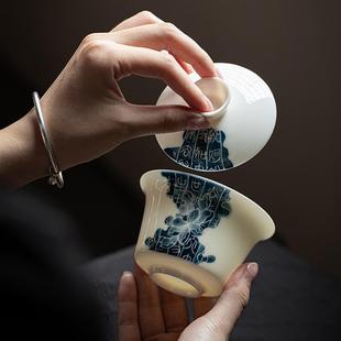 羊脂玉瓷可悬停盖碗纯手绘釉下彩陶瓷青花三才茶碗家用轻奢泡茶碗