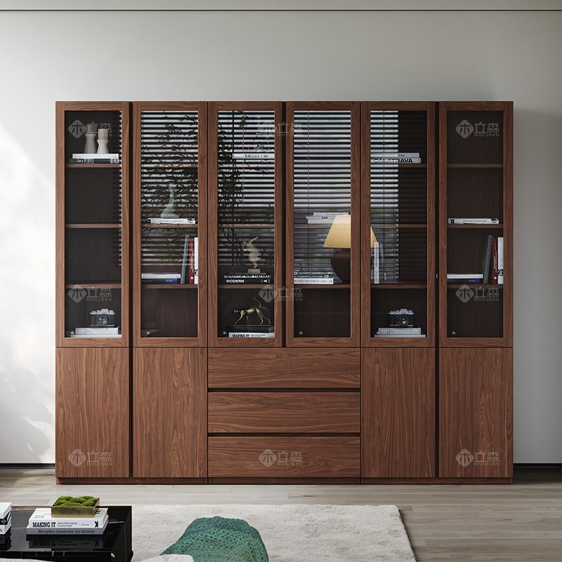 实木橡木书柜黑胡桃木色全实木书架中古风落地一体靠墙置物储物柜