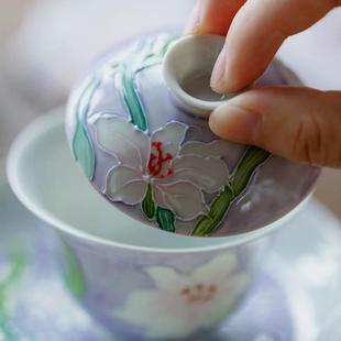 风雅景德镇手绘百合花陶瓷盖碗茶杯功夫茶具高档家用球孔过滤手执