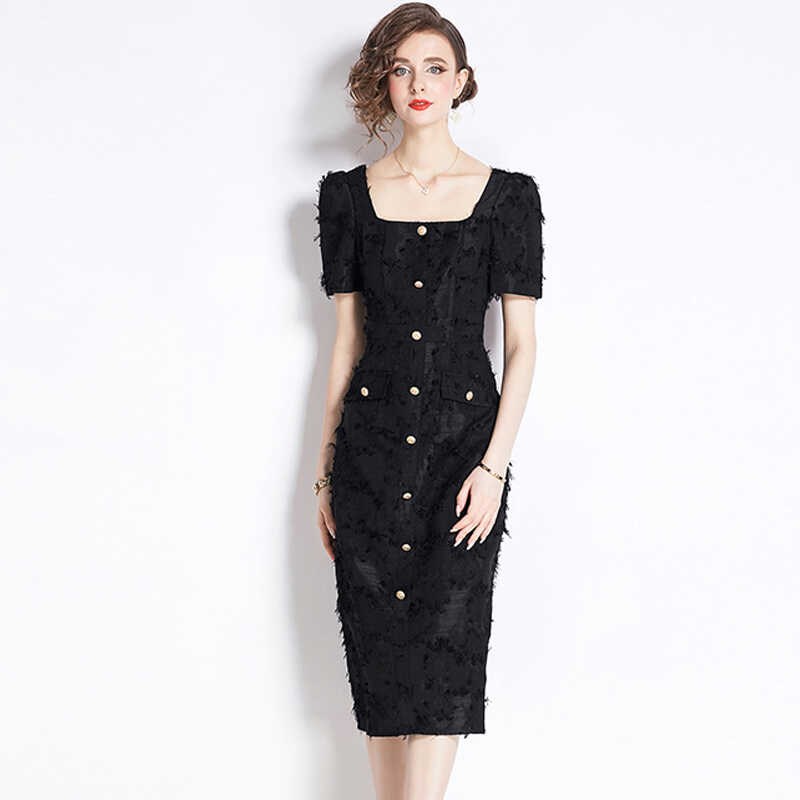 复古宫廷风黑色连衣裙女春夏季新款法式高级感流苏开叉礼服小黑裙