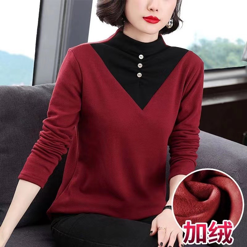 半高领德绒打底衫女春秋冬内搭加绒加厚大码中年妈妈洋气保暖上衣