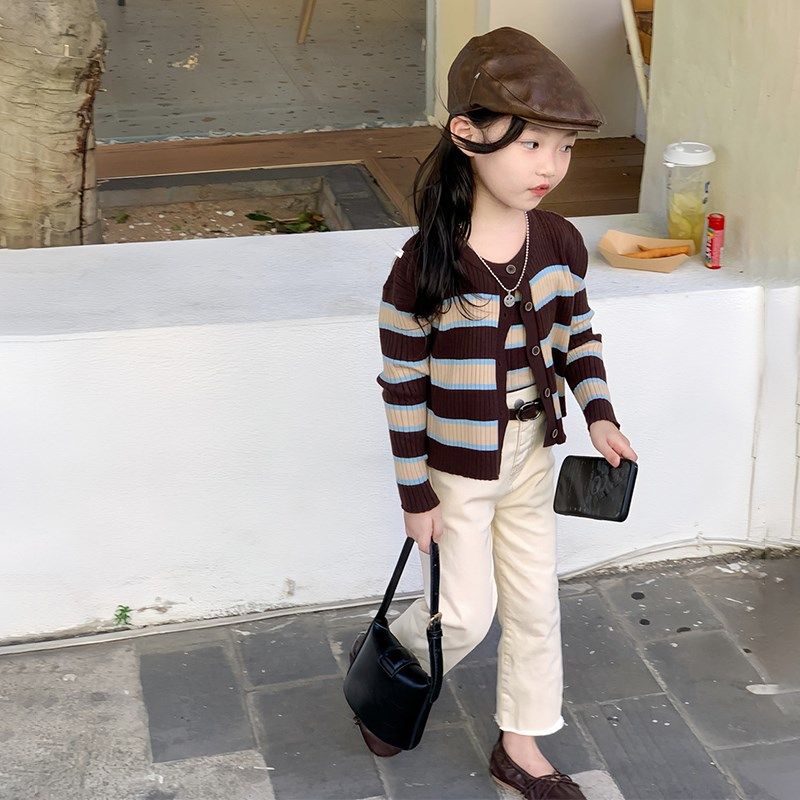 韩国童装2024秋装女宝宝条纹针织开衫吊带背心两件套女童毛衣套装