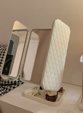 贝壳双开门led化妆镜带灯收纳盒一体台式桌面折叠可调节镜子学生