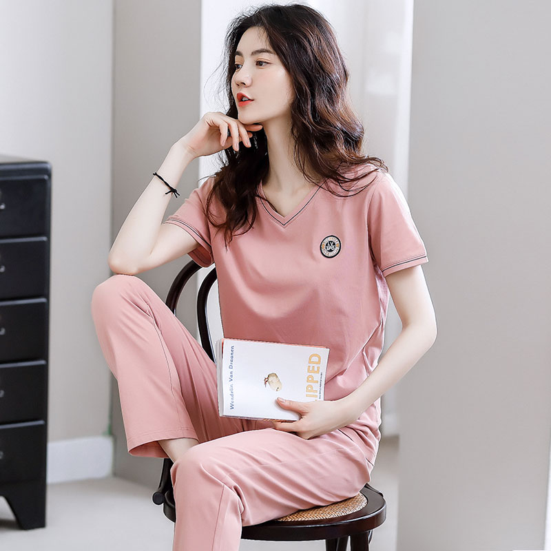 睡衣女士夏季纯棉短袖长裤夏天薄款全棉可出门外穿休闲家居服套装