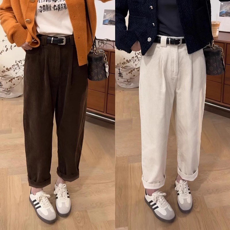 咖啡色灯芯绒加绒阔腿休闲裤女秋冬胖妹妹mm宽松显瘦梨形身材裤子