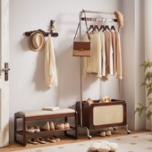 实木藤编挂衣架收纳筐一体卧室落地衣帽架家用转角置物架衣架