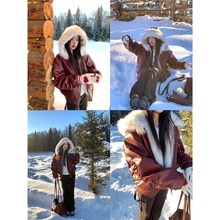 Joeyoo李乔优 勃艮第假日 红色皮衣女装冬季毛领连帽棉服夹棉外套