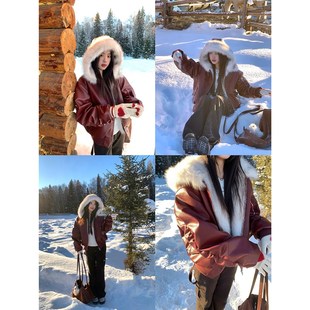 Joeyoo李乔优 勃艮第假日 红色皮衣女装冬季毛领连帽棉服夹棉外套