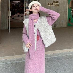 大码女装2024冬季胖mm法式高级设计感紫色毛衣半身裙毛毛马甲套装